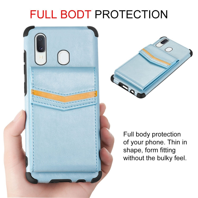 For Samsung Galaxy A20e Flip Card Bag Copper Buckle TPU + PU Leather Back Cover Shockproof Case with Card Slots & Photo Frame