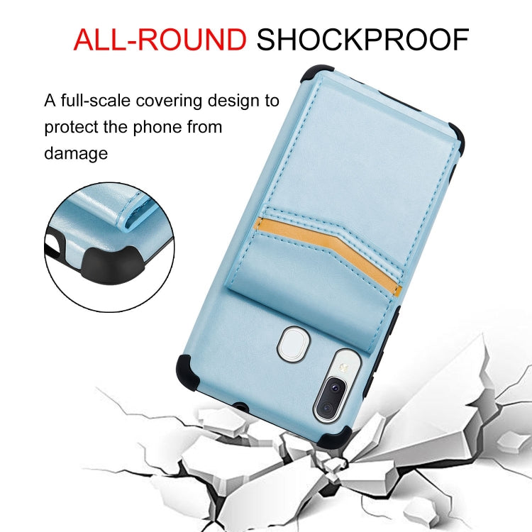 For Samsung Galaxy A20e Flip Card Bag Copper Buckle TPU + PU Leather Back Cover Shockproof Case with Card Slots & Photo Frame