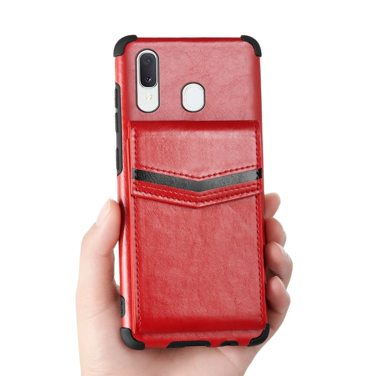 For Samsung Galaxy A20e Flip Card Bag Copper Buckle TPU + PU Leather Back Cover Shockproof Case with Card Slots & Photo Frame