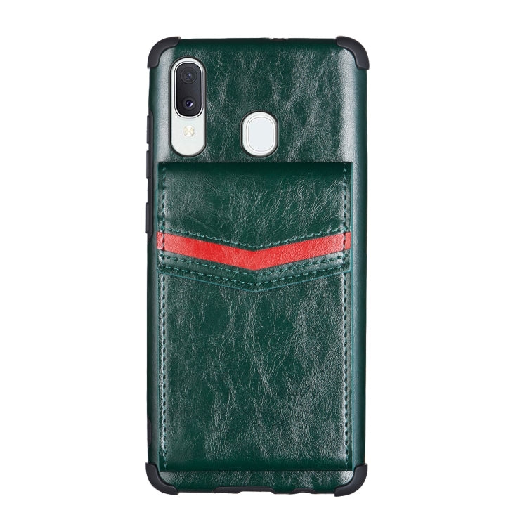 For Samsung Galaxy A20e Flip Card Bag Copper Buckle TPU + PU Leather Back Cover Shockproof Case with Card Slots & Photo Frame