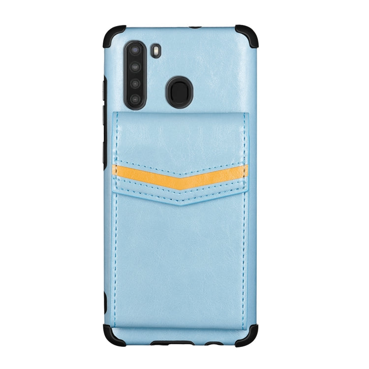 For Samsung Galaxy A21 Flip Card Bag Copper Buckle TPU + PU Leather Back Cover Shockproof Case with Card Slots & Photo Frame