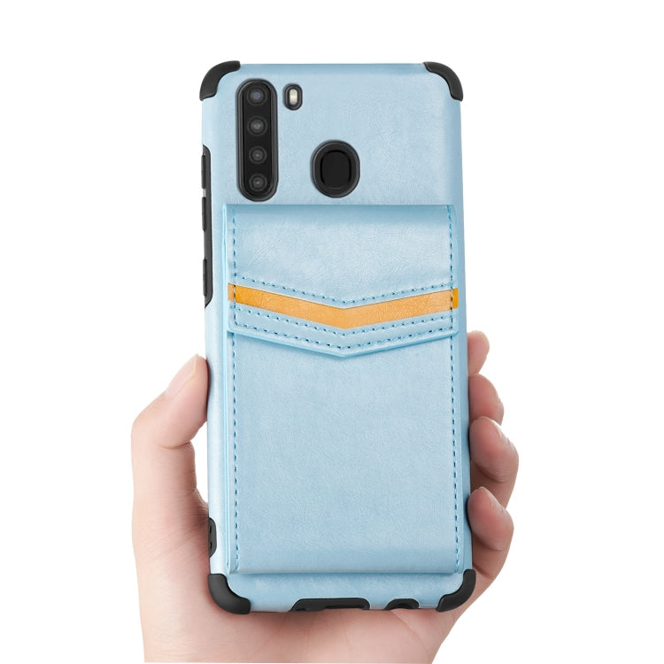 For Samsung Galaxy A21 Flip Card Bag Copper Buckle TPU + PU Leather Back Cover Shockproof Case with Card Slots & Photo Frame