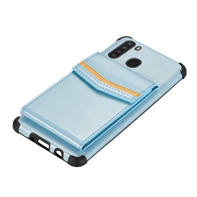 For Samsung Galaxy A21 Flip Card Bag Copper Buckle TPU + PU Leather Back Cover Shockproof Case with Card Slots & Photo Frame
