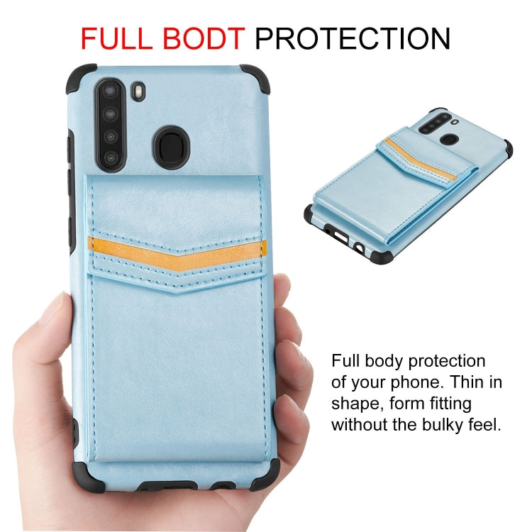 For Samsung Galaxy A21 Flip Card Bag Copper Buckle TPU + PU Leather Back Cover Shockproof Case with Card Slots & Photo Frame