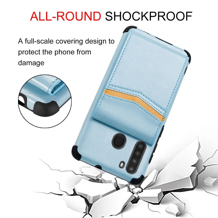 For Samsung Galaxy A21 Flip Card Bag Copper Buckle TPU + PU Leather Back Cover Shockproof Case with Card Slots & Photo Frame