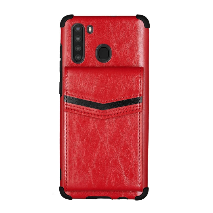 For Samsung Galaxy A21 Flip Card Bag Copper Buckle TPU + PU Leather Back Cover Shockproof Case with Card Slots & Photo Frame