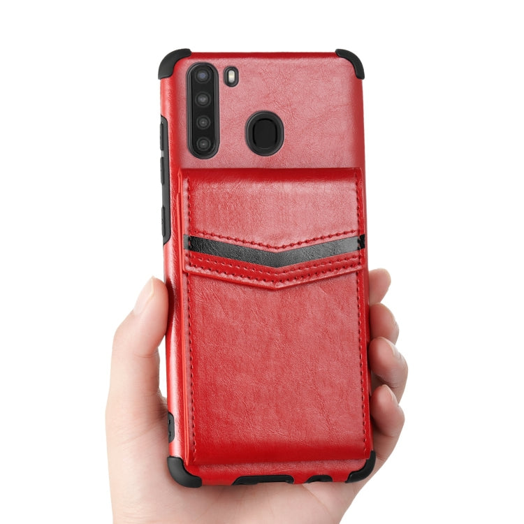 For Samsung Galaxy A21 Flip Card Bag Copper Buckle TPU + PU Leather Back Cover Shockproof Case with Card Slots & Photo Frame