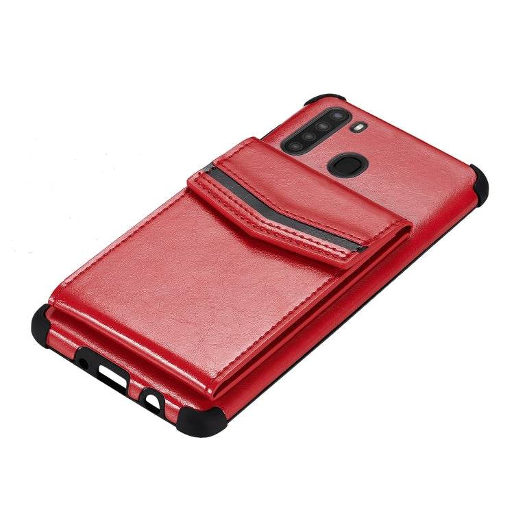 For Samsung Galaxy A21 Flip Card Bag Copper Buckle TPU + PU Leather Back Cover Shockproof Case with Card Slots & Photo Frame