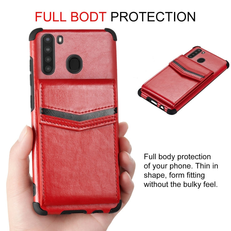 For Samsung Galaxy A21 Flip Card Bag Copper Buckle TPU + PU Leather Back Cover Shockproof Case with Card Slots & Photo Frame