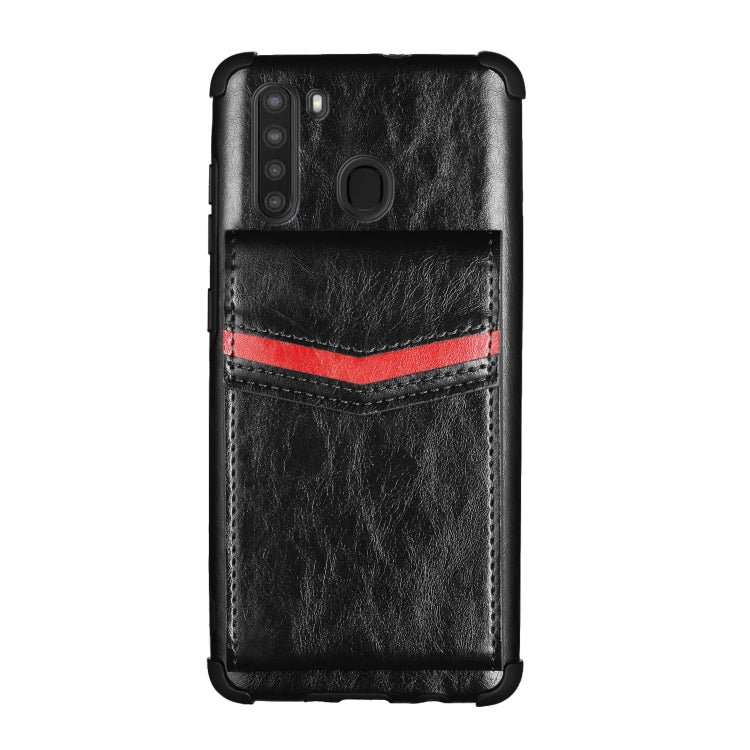 For Samsung Galaxy A21 Flip Card Bag Copper Buckle TPU + PU Leather Back Cover Shockproof Case with Card Slots & Photo Frame