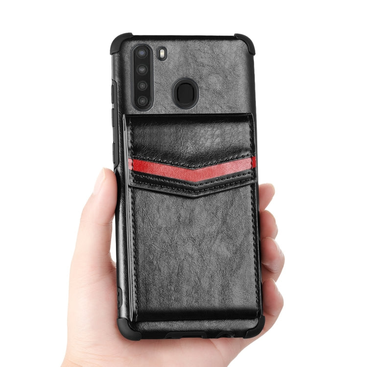 For Samsung Galaxy A21 Flip Card Bag Copper Buckle TPU + PU Leather Back Cover Shockproof Case with Card Slots & Photo Frame