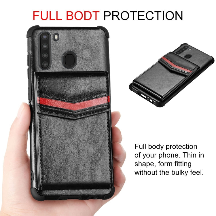 For Samsung Galaxy A21 Flip Card Bag Copper Buckle TPU + PU Leather Back Cover Shockproof Case with Card Slots & Photo Frame