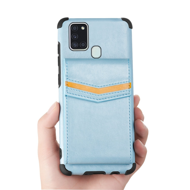 For Samsung Galaxy A21s Flip Card Bag Copper Buckle TPU + PU Leather Back Cover Shockproof Case with Card Slots & Photo Frame
