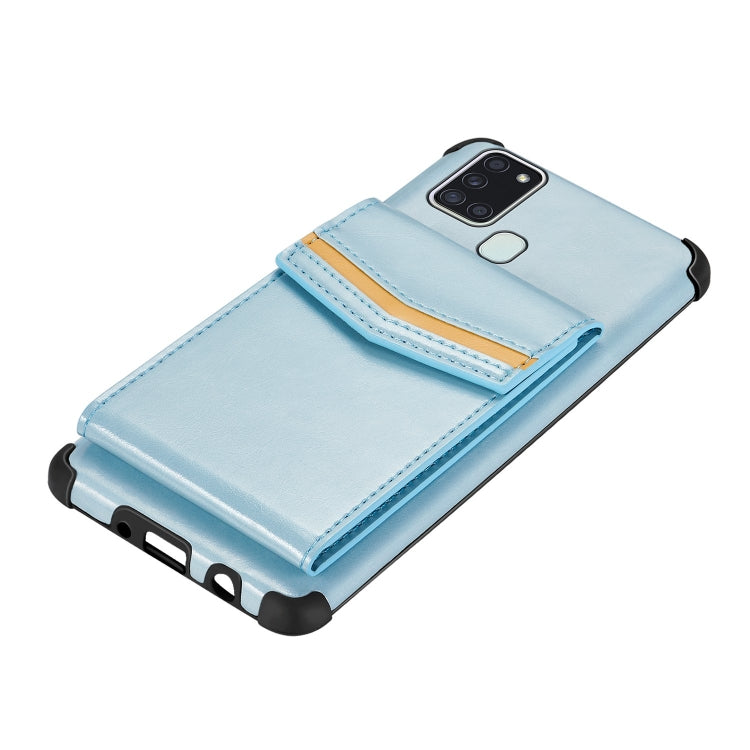 For Samsung Galaxy A21s Flip Card Bag Copper Buckle TPU + PU Leather Back Cover Shockproof Case with Card Slots & Photo Frame