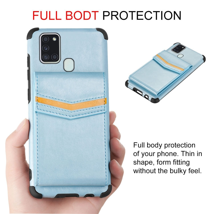 For Samsung Galaxy A21s Flip Card Bag Copper Buckle TPU + PU Leather Back Cover Shockproof Case with Card Slots & Photo Frame