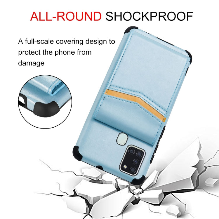 For Samsung Galaxy A21s Flip Card Bag Copper Buckle TPU + PU Leather Back Cover Shockproof Case with Card Slots & Photo Frame