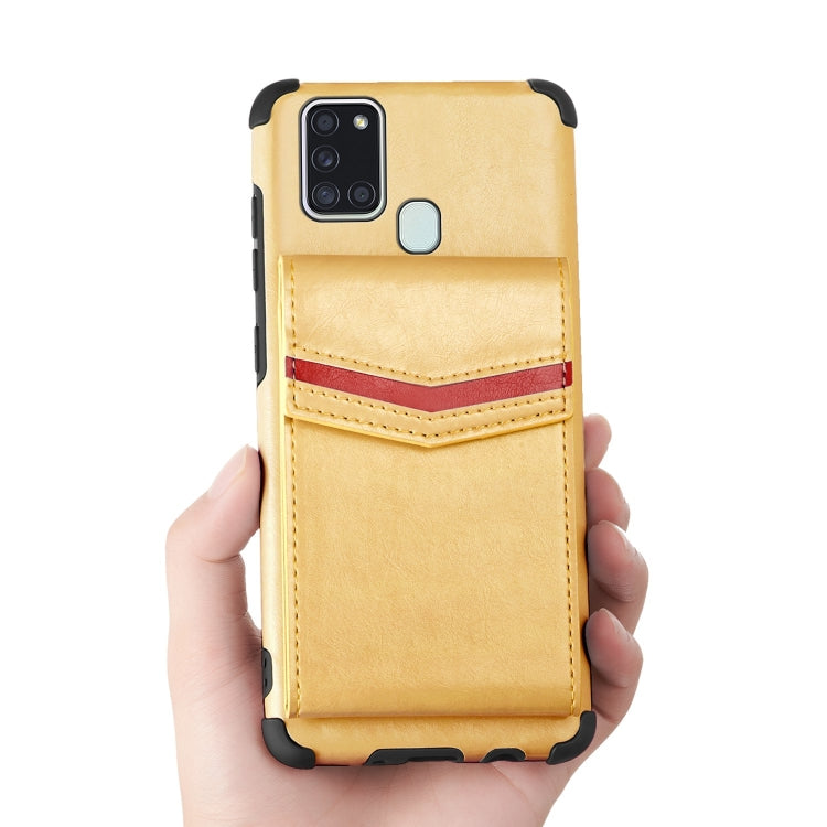 For Samsung Galaxy A21s Flip Card Bag Copper Buckle TPU + PU Leather Back Cover Shockproof Case with Card Slots & Photo Frame