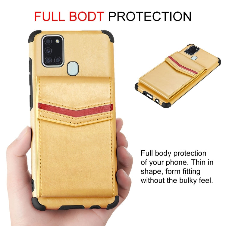 For Samsung Galaxy A21s Flip Card Bag Copper Buckle TPU + PU Leather Back Cover Shockproof Case with Card Slots & Photo Frame