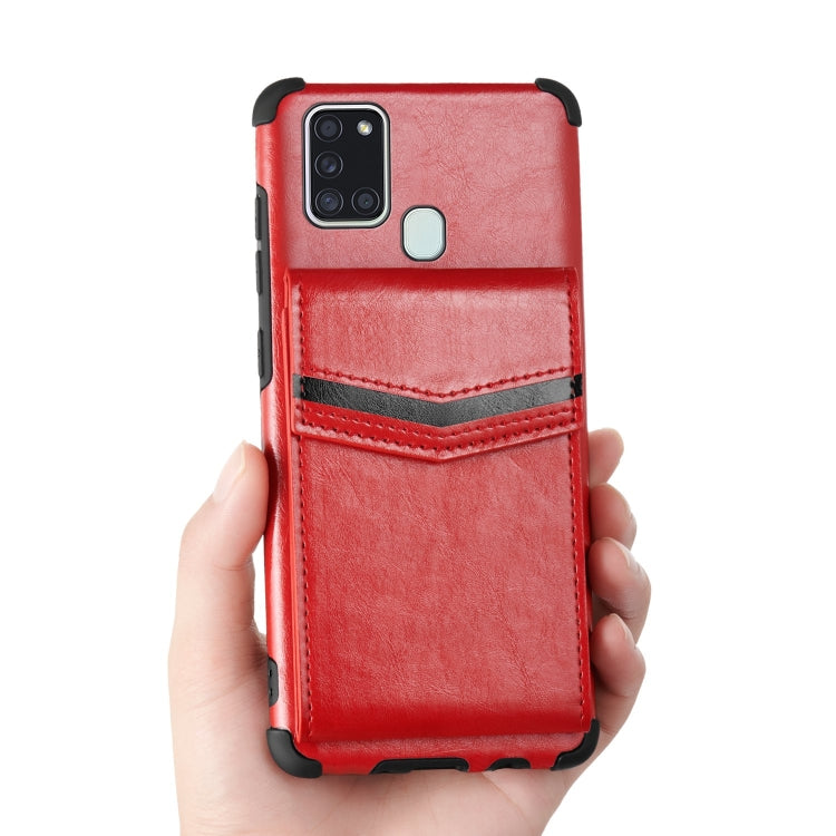 For Samsung Galaxy A21s Flip Card Bag Copper Buckle TPU + PU Leather Back Cover Shockproof Case with Card Slots & Photo Frame
