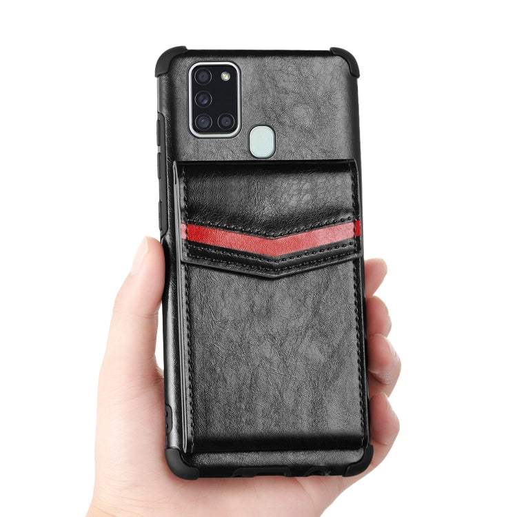 For Samsung Galaxy A21s Flip Card Bag Copper Buckle TPU + PU Leather Back Cover Shockproof Case with Card Slots & Photo Frame