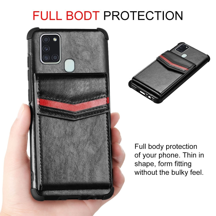 For Samsung Galaxy A21s Flip Card Bag Copper Buckle TPU + PU Leather Back Cover Shockproof Case with Card Slots & Photo Frame