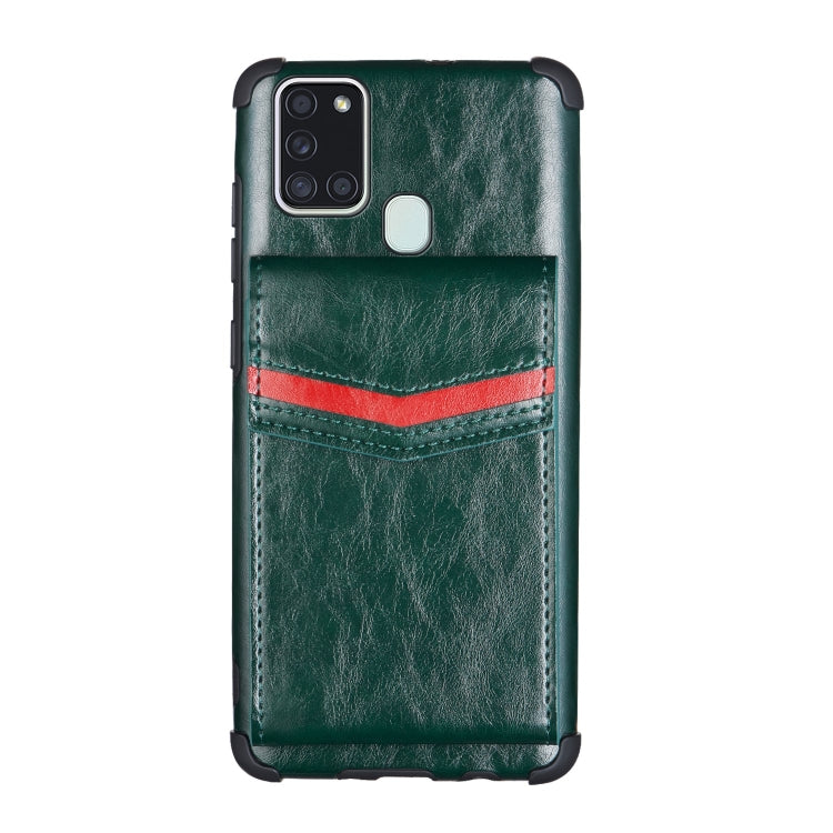 For Samsung Galaxy A21s Flip Card Bag Copper Buckle TPU + PU Leather Back Cover Shockproof Case with Card Slots & Photo Frame