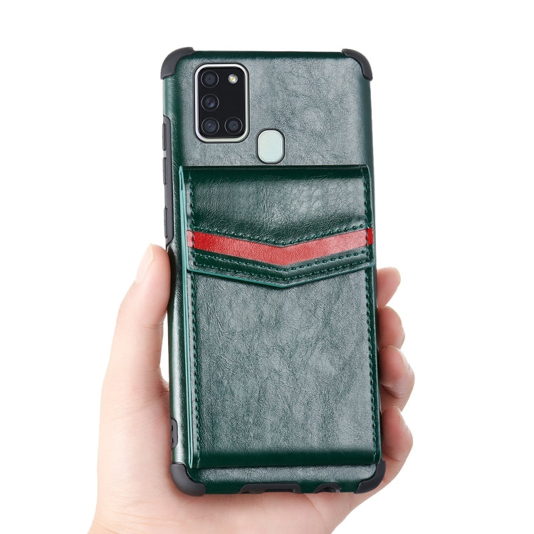 For Samsung Galaxy A21s Flip Card Bag Copper Buckle TPU + PU Leather Back Cover Shockproof Case with Card Slots & Photo Frame