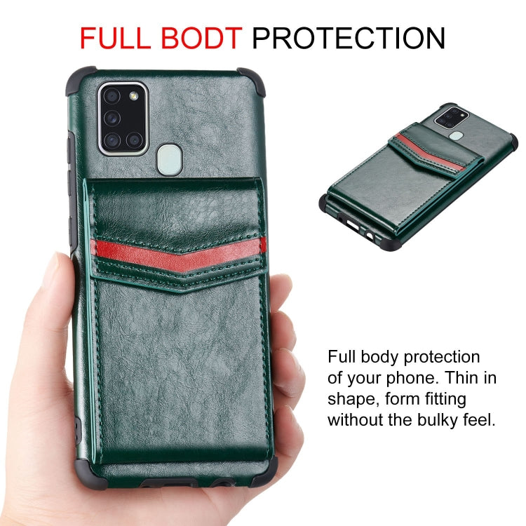 For Samsung Galaxy A21s Flip Card Bag Copper Buckle TPU + PU Leather Back Cover Shockproof Case with Card Slots & Photo Frame