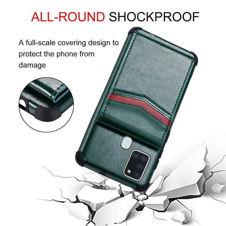 For Samsung Galaxy A21s Flip Card Bag Copper Buckle TPU + PU Leather Back Cover Shockproof Case with Card Slots & Photo Frame