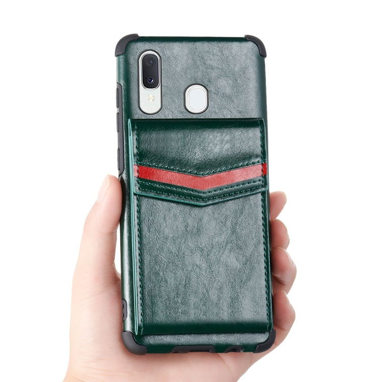 For Samsung Galaxy A40 Flip Card Bag Copper Buckle TPU + PU Leather Back Cover Shockproof Case with Card Slots & Photo Frame