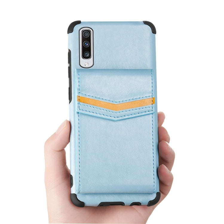 For Samsung Galaxy A50 Flip Card Bag Copper Buckle TPU + PU Leather Back Cover Shockproof Case with Card Slots & Photo Frame