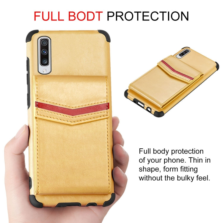 For Samsung Galaxy A50 Flip Card Bag Copper Buckle TPU + PU Leather Back Cover Shockproof Case with Card Slots & Photo Frame