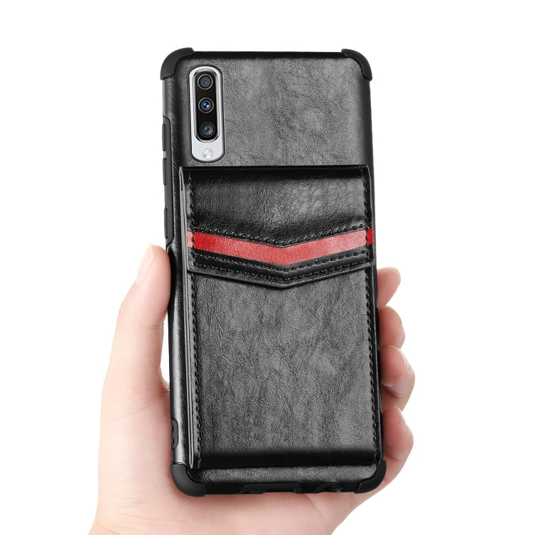 For Samsung Galaxy A50 Flip Card Bag Copper Buckle TPU + PU Leather Back Cover Shockproof Case with Card Slots & Photo Frame