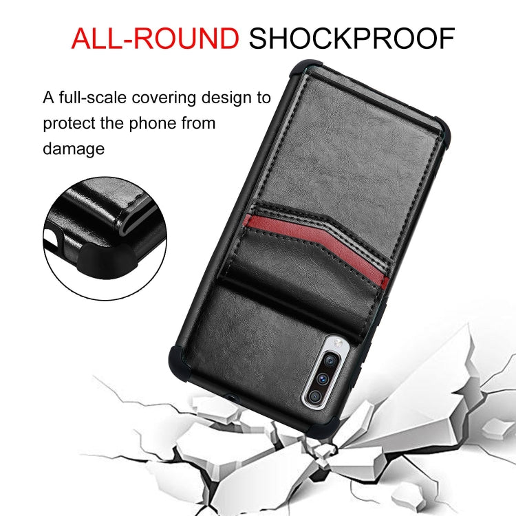 For Samsung Galaxy A50 Flip Card Bag Copper Buckle TPU + PU Leather Back Cover Shockproof Case with Card Slots & Photo Frame