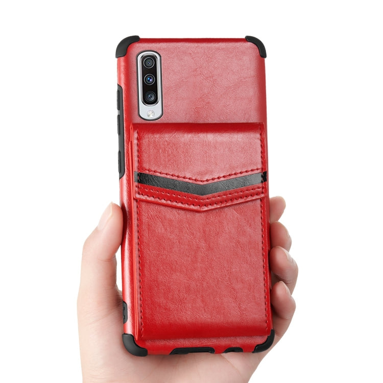For Samsung Galaxy A70 Flip Card Bag Copper Buckle TPU + PU Leather Back Cover Shockproof Case with Card Slots & Photo Frame