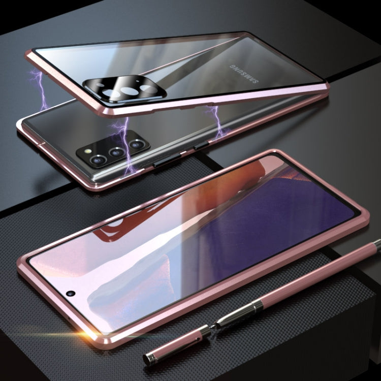 For Samsung Galaxy Note20 Shockproof Single-sided Tempered Glass Magnetic Attraction Case with Black Camera Lens Protector Cover
