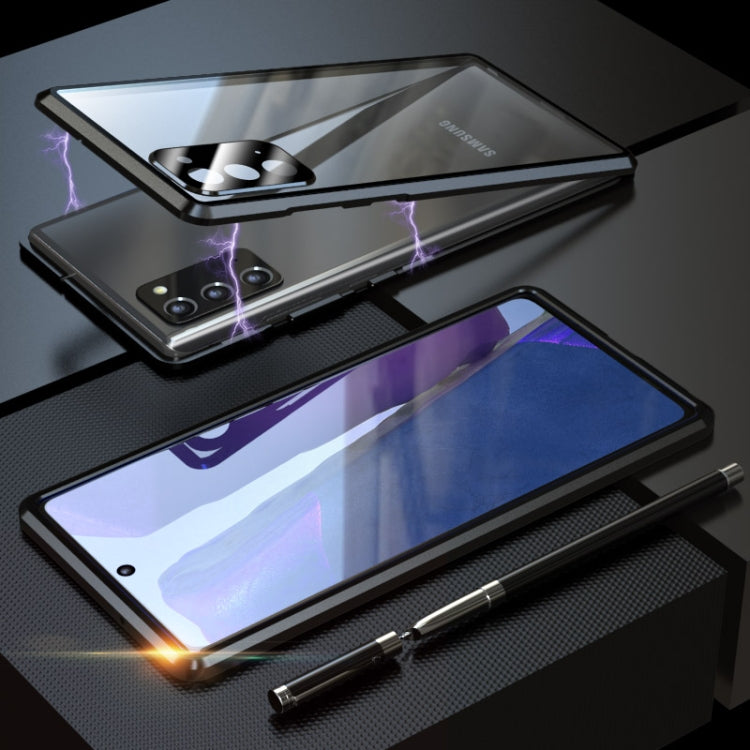 For Samsung Galaxy Note20 Shockproof Single-sided Tempered Glass Magnetic Attraction Case with Black Camera Lens Protector Cover