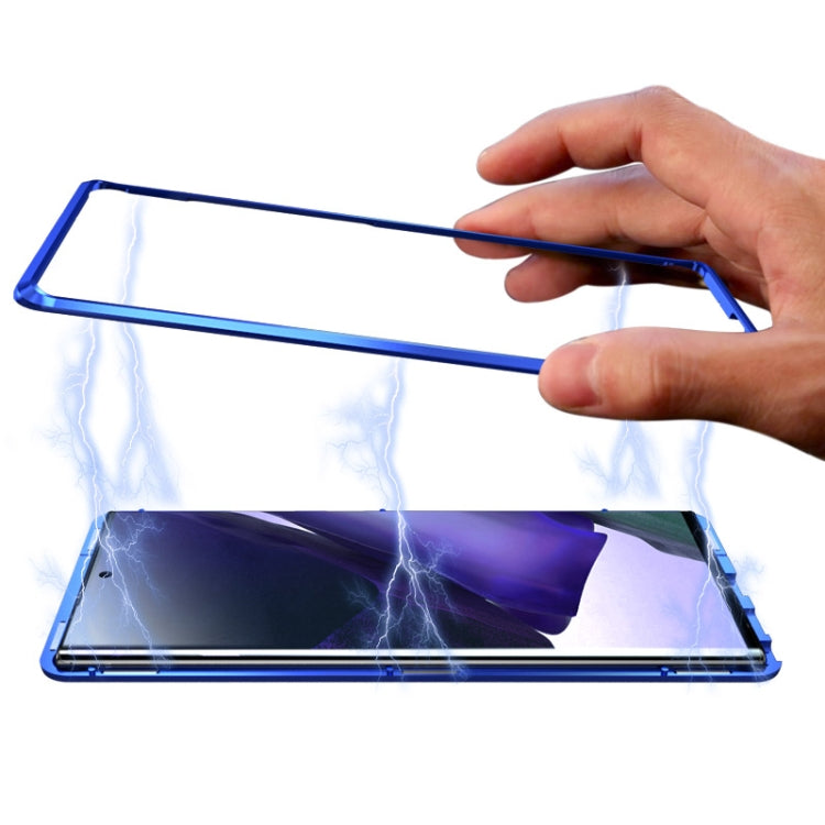 For Samsung Galaxy Note20 Shockproof Single-sided Tempered Glass Magnetic Attraction Case with Black Camera Lens Protector Cover