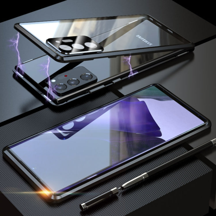 For Samsung Galaxy Note20 Ultra Shockproof Single-sided Tempered Glass Magnetic Attraction Case with Black Camera Lens Protector Cover