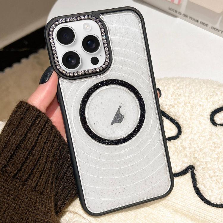 For iPhone 16 Pro Max Diamond Lens Frame MagSafe Wave Texture Clear Phone Case