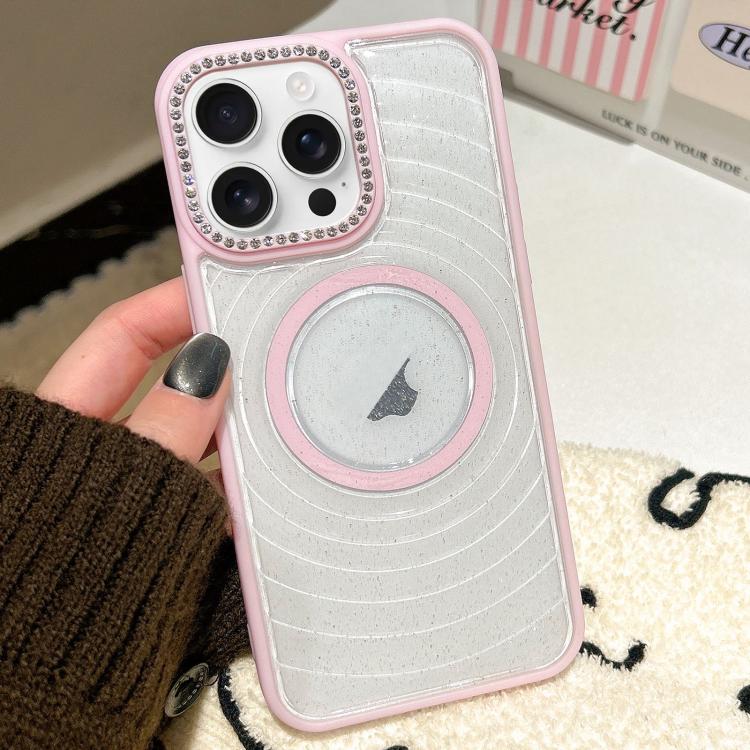 For iPhone 16 Pro Max Diamond Lens Frame MagSafe Wave Texture Clear Phone Case