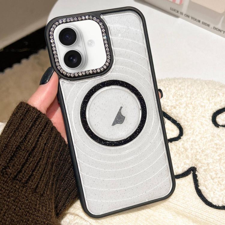 For iPhone 16 Diamond Lens Frame MagSafe Wave Texture Clear Phone Case