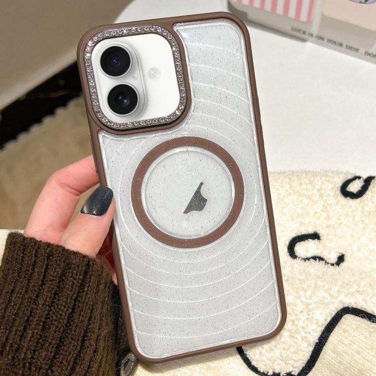 For iPhone 16 Diamond Lens Frame MagSafe Wave Texture Clear Phone Case