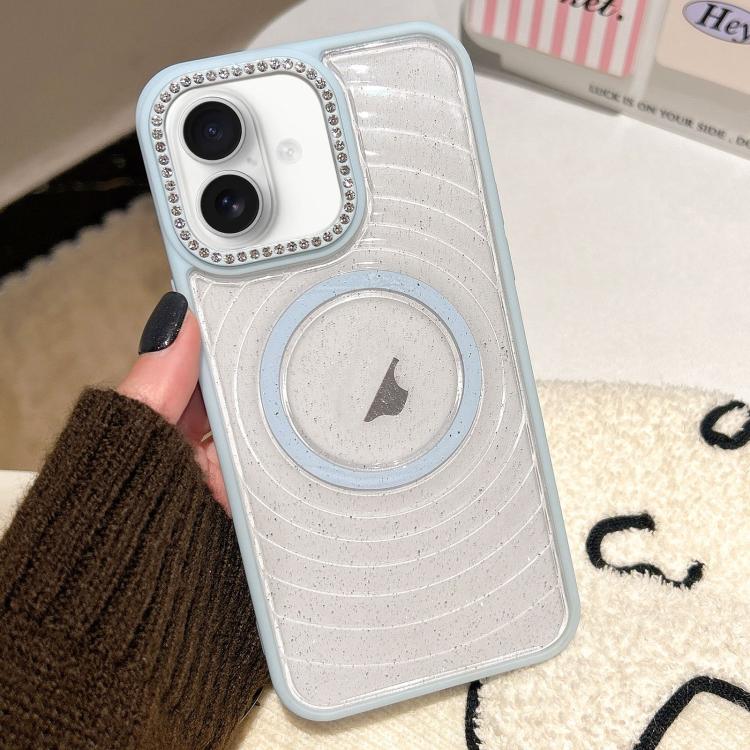 For iPhone 16 Diamond Lens Frame MagSafe Wave Texture Clear Phone Case