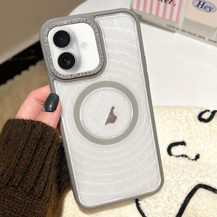 For iPhone 16 Diamond Lens Frame MagSafe Wave Texture Clear Phone Case