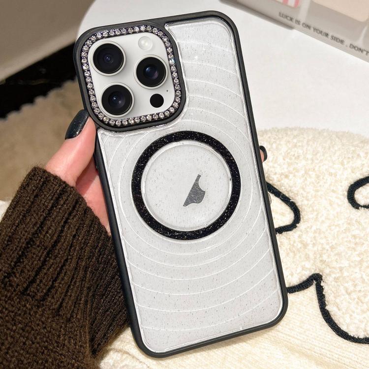For iPhone 15 Pro Max Diamond Lens Frame MagSafe Wave Texture Clear Phone Case