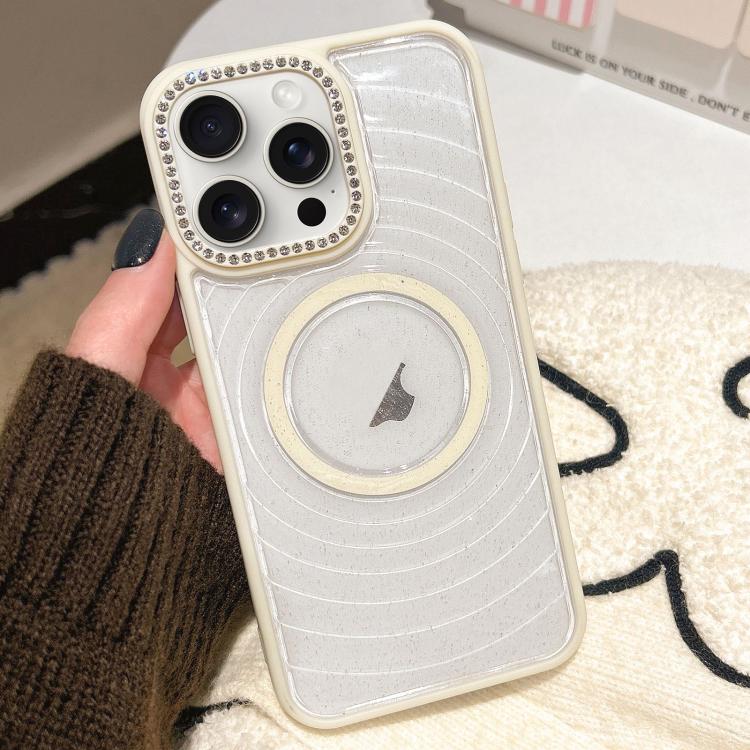 For iPhone 15 Pro Max Diamond Lens Frame MagSafe Wave Texture Clear Phone Case