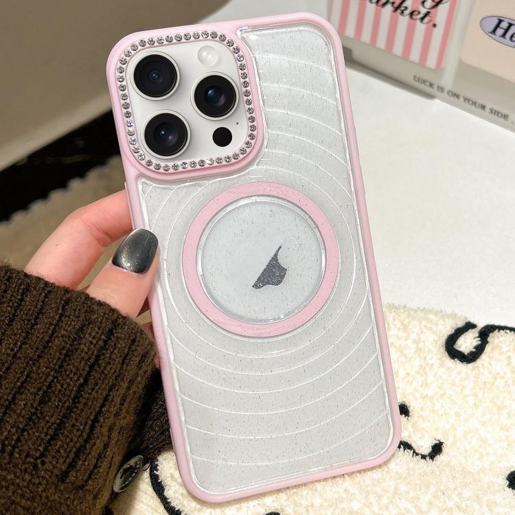 For iPhone 15 Pro Diamond Lens Frame MagSafe Wave Texture Clear Phone Case