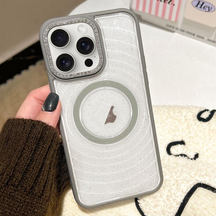 For iPhone 15 Pro Diamond Lens Frame MagSafe Wave Texture Clear Phone Case