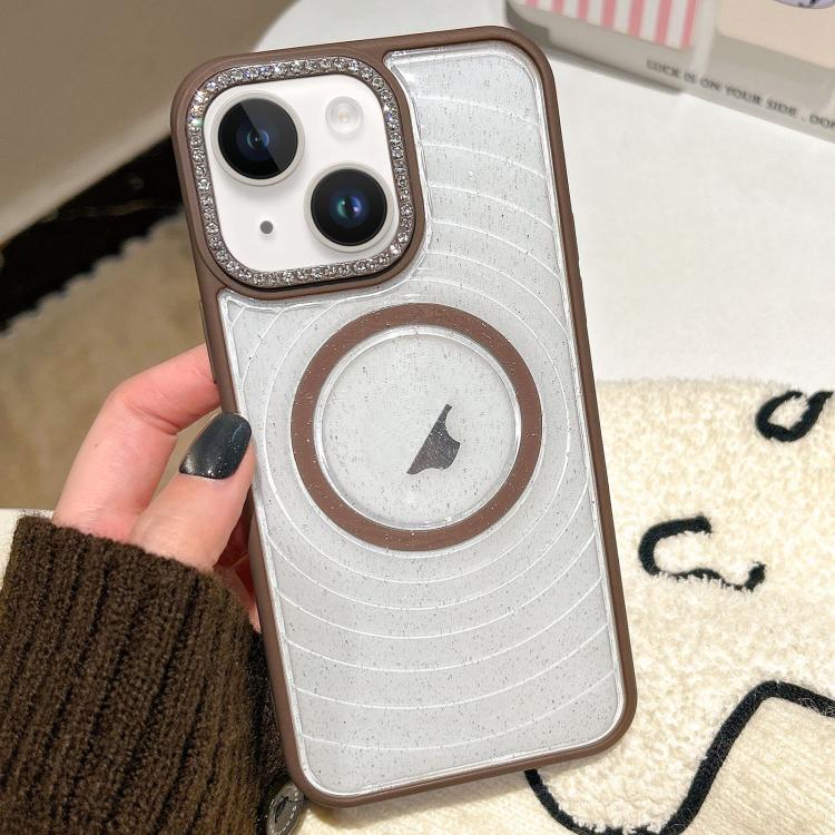 For iPhone 15 Diamond Lens Frame MagSafe Wave Texture Clear Phone Case